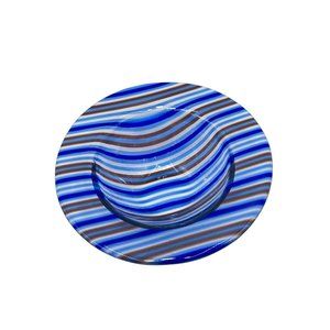 Vintage Signed Art Glass Small Bowl Dish Trinket Plate Striped Blue Tones